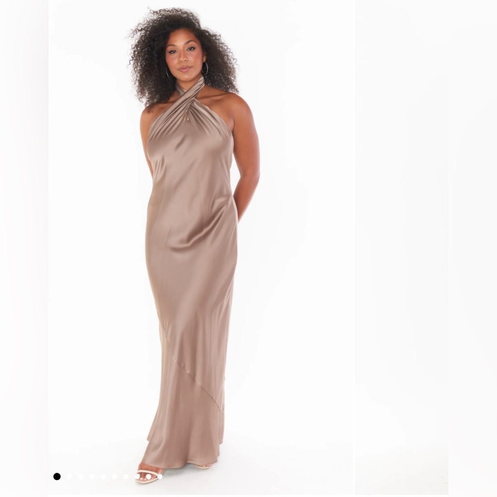 Show Me Your Mumu- Jasmine Halter Maxi Dress in Dune Luxe Satin